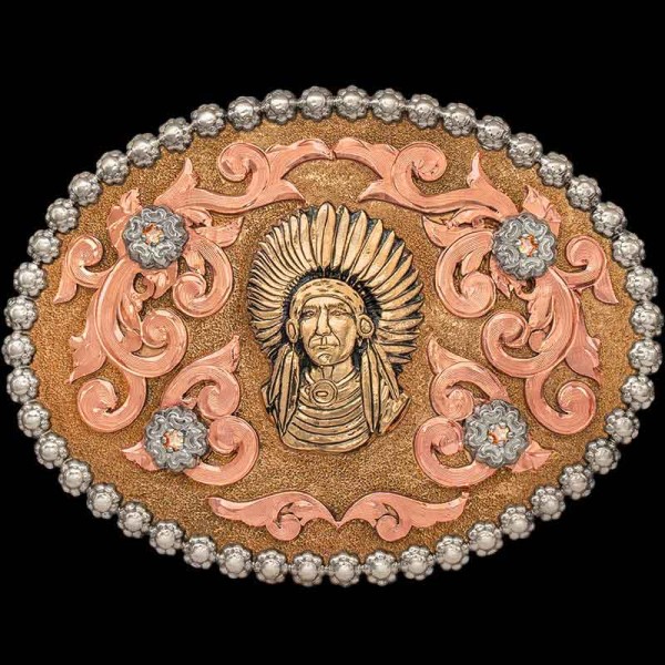 IN STOCK GOLD CHIEF, Feel the Spirit of the Wild West! Order this in-stock buckle and get same-day or next-day shipping! Built on a stippled finish base, detailed with a berry 